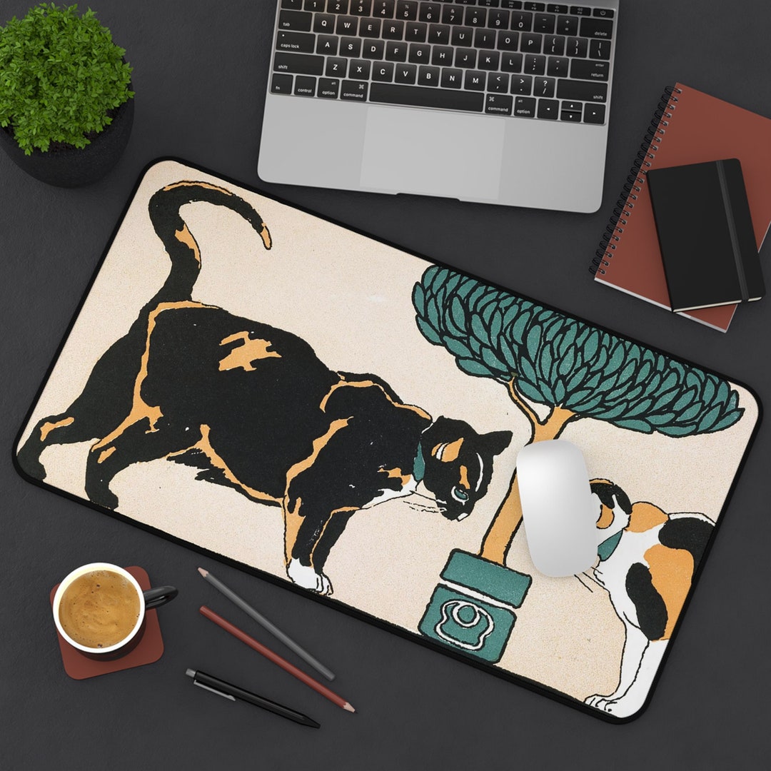 Black Cat Desk Mat in 2 Sizes, Large Desk Mat, Calico, Neoprene Gaming