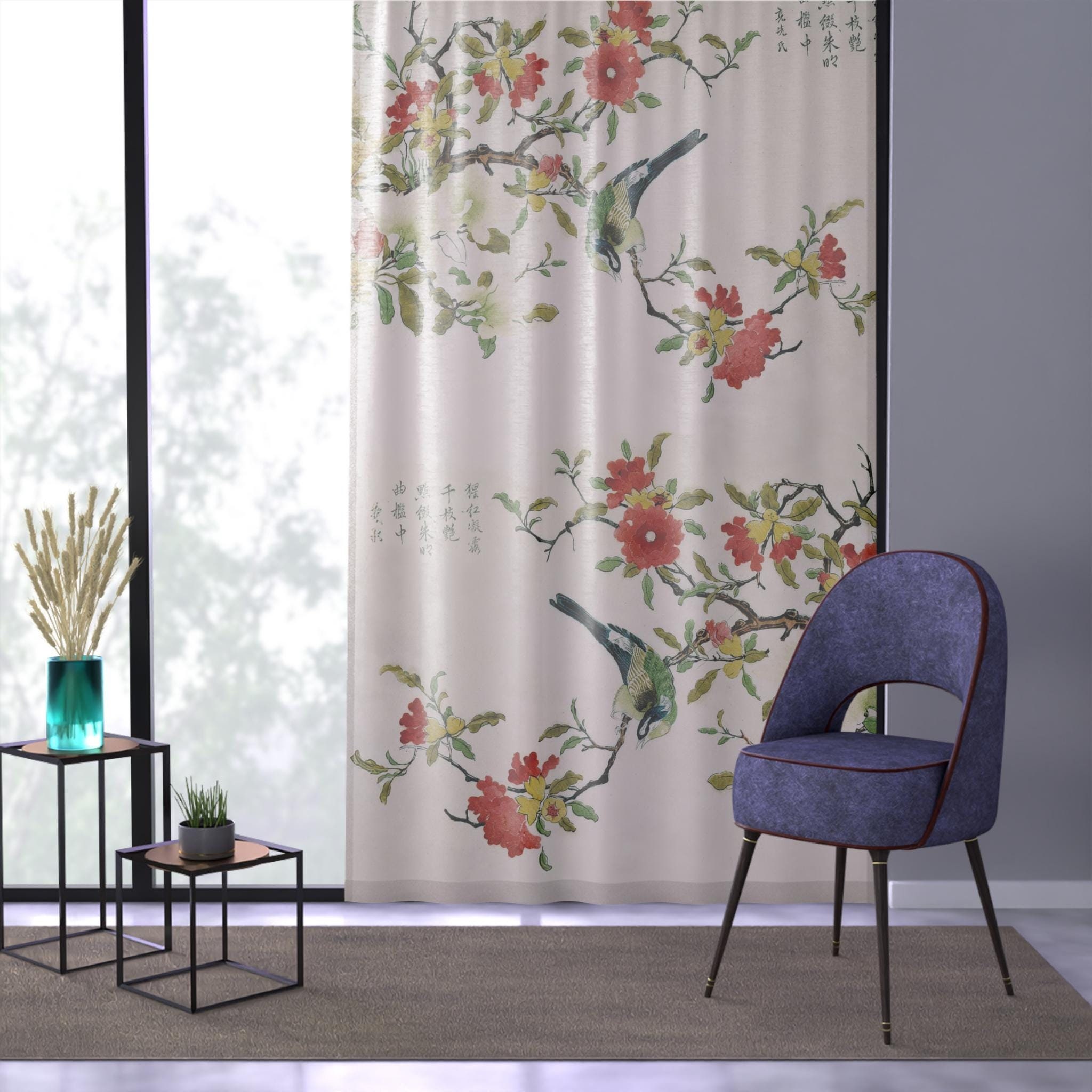 Asian Bird and Flowers Window Curtain Panel, Vintage Chinese Woodblock ...