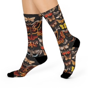 Butterfly Crew Socks, Boho Cottagecore Vintage Retro Butterflies on Black Unisex Aesthetic Science Dark Academia Goth Cute Fun Novelty Socks