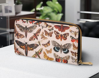 Butterfly Zipper Vegan Wallet, Boho Cottagecore Faux-Leather Zip Around Long Wallet Case, Cute Colorful Nature Accessories for Women
