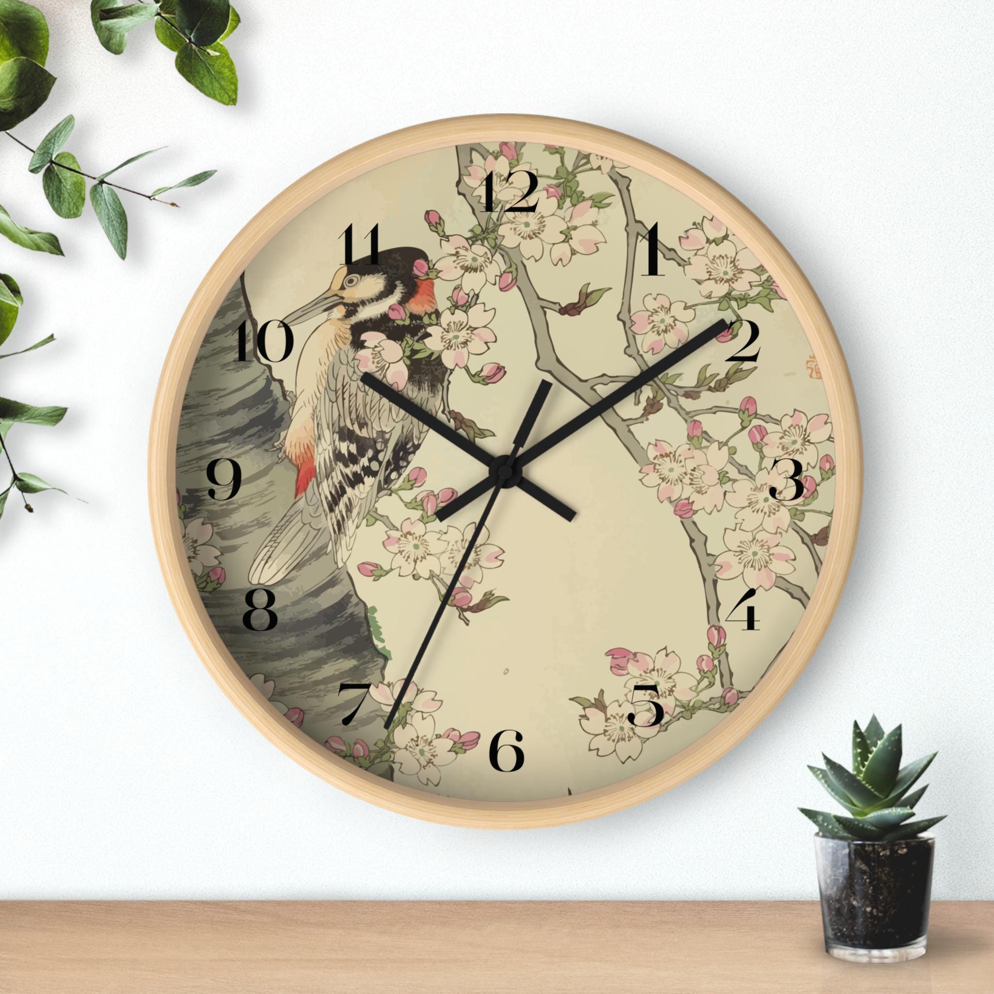 Asian Bird Cherry Blossom Clock, Wood Framed Silent Woodpecker Round ...