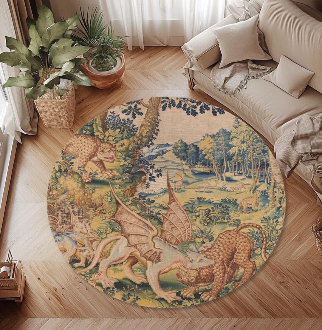 Medieval Area Rug Medieval Tapestry Round Area Rug, Vintage Victorian Dragon Panther ...