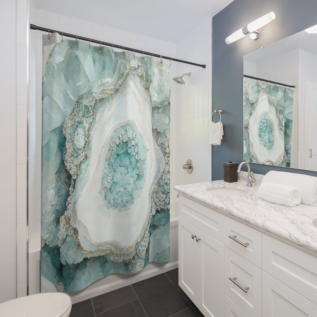 Geode Crystal Shower Curtain, Blue Green Teal Aquamarine Silver Agate