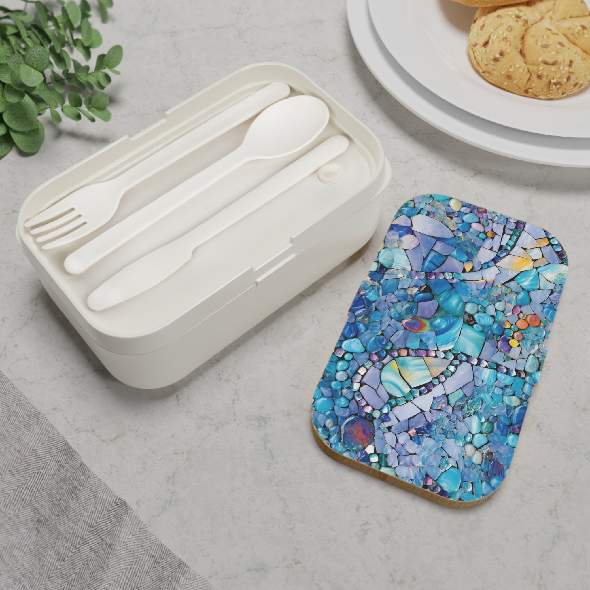 Mosaic Sea Glass Bento Box, Beach Glass Abalone Japanese Lunch Box