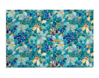 Mosaic Door Mat, Aqua Sea Glass Flowers Barcelona Gaudi inspired Indoor Outdoor Entry Welcome Doormat, Cottagecore Rug Entrance Patio Porch