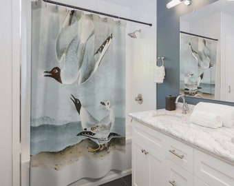 Cortina de ducha de aves, decoración de baño de gaviotas de Audubon, cortina de ducha de paisaje costero de la naturaleza del agua playera, arte de aves vintage, cortina de baño