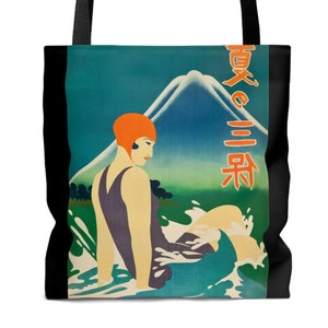 Japanische Kunst Einkaufstasche in 3 Größen, Strandtasche, Japan Vintage Reise Poster, Pool Tasche, Japandi Accessoires, asiatische Buchtasche, Weekender Tote