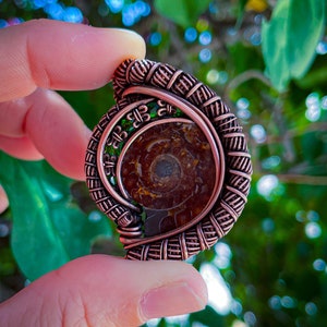 Ammonite & Chrome Diopside Antiqued Copper Wire Wrapped Necklace