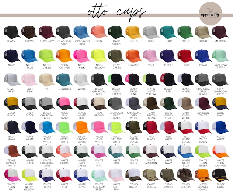Op de afbeelding: Een verscheidenheid aan Otto Caps trucker caps in verschillende kleuren, waaronder zwart, marineblauw en neon groen. De caps hebben een mesh achterkant en een effen voorpaneel, met de merknaam "apparently" zichtbaar.