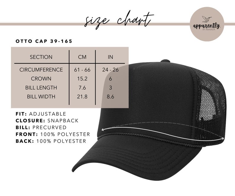 Op de afbeelding: Zwarte trucker cap met een mesh achterkant en een gebogen klep. De omtrek van de pet is 61-66 cm, de kroon is 15,2 cm, de kleplengte is 7,6 cm en de klepbreedte is 21,8 cm. Verstelbaar met een snapback sluiting.