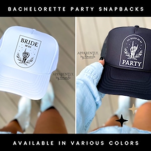 May include: Two black and white baseball caps with a skeleton hand design and text. The white cap says "Bride or Die" and the black cap says "Til Death Do Us Party".