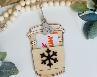 Coffee Cup Personalized Gift Card Holder Ornament, Wood Coffee Cup Giftcard Holder with Custom Tag. Add Name or Year.