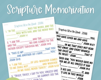 PRINTABLE John (A) Scripture Fill In the Blank, Scripture Memorization, Bible Verses, Bible Study, Christian Homeschool (DIGITAL DOWNLOAD!)