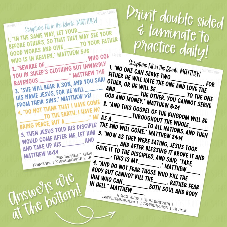 PRINTABLE Matthew Bundle Scripture Fill in the Blank, Scripture ...