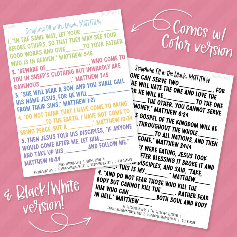 PRINTABLE Matthew Bundle Scripture Fill in the Blank, Scripture ...