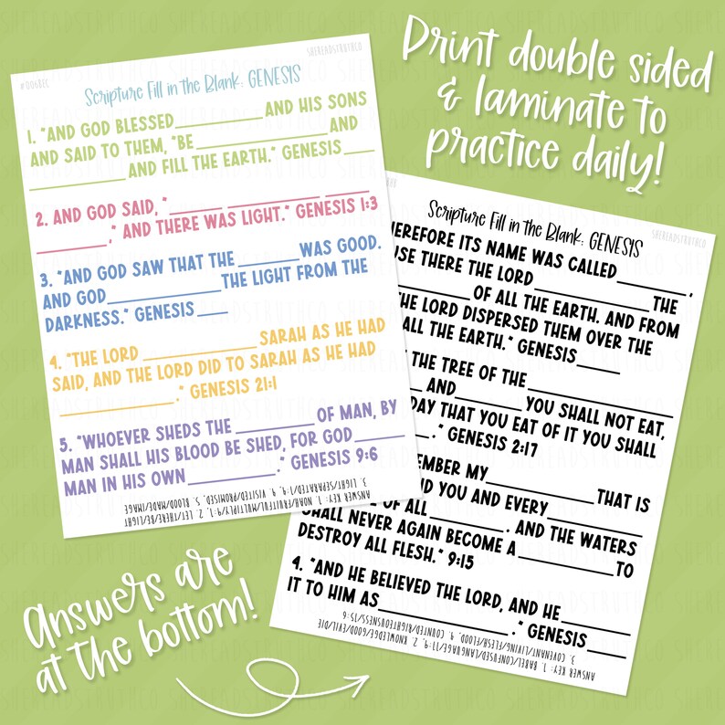 PRINTABLE Genesis (B) Scripture Fill in the Blank, Scripture ...