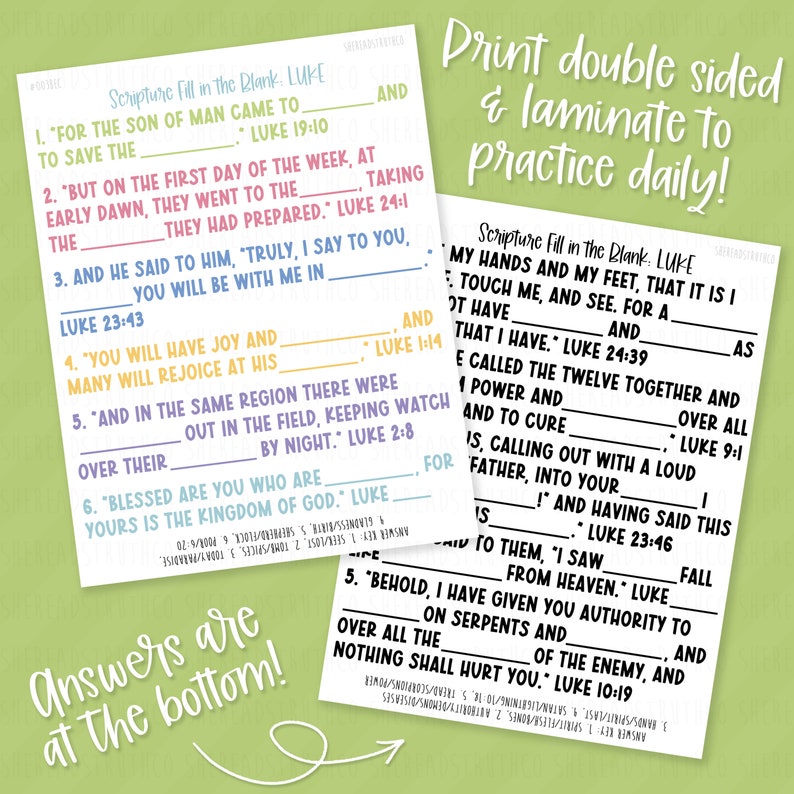 PRINTABLE Luke (B) Scripture Fill in the Blank, Scripture Memorization ...