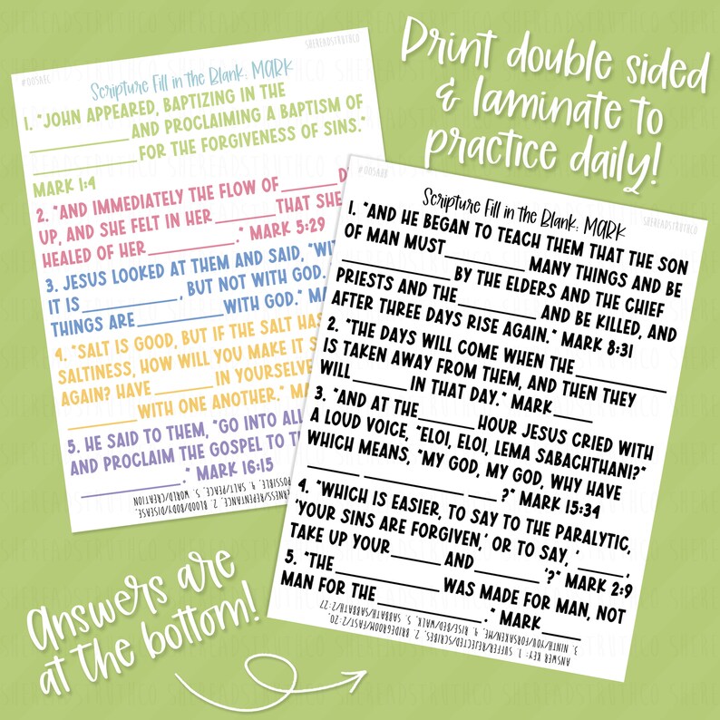 PRINTABLE Mark (A) Scripture Fill in the Blank, Scripture Memorization ...