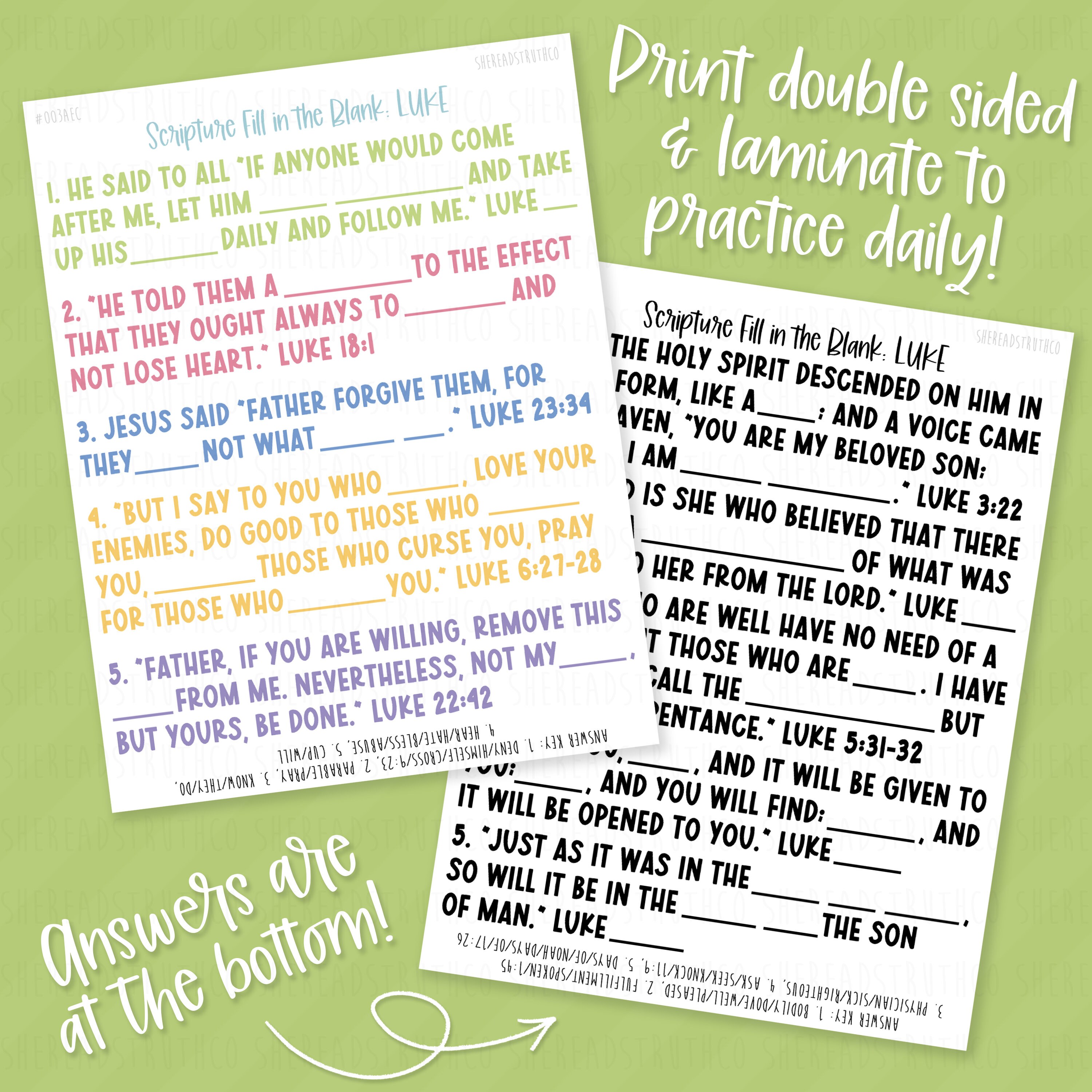 PRINTABLE Luke (A) Scripture Fill in the Blank, Scripture Memorization ...