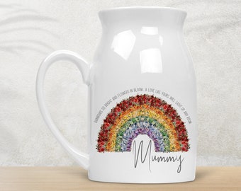 Personalised Floral Rainbow Jug, Mum Mamma Mummy Mum Gift, Floral Ceramic Small Vase Jug, Birthday Gift, Mother's Day Gift