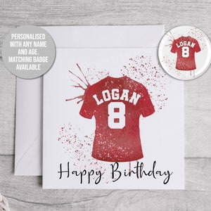 Tarjeta de cumpleaños de fútbol, tarjeta de camiseta de fútbol para niños, camiseta de fútbol, tarjeta personalizada, tarjeta de cumpleaños con nombre de edad de color personalizado, tarjeta de fútbol