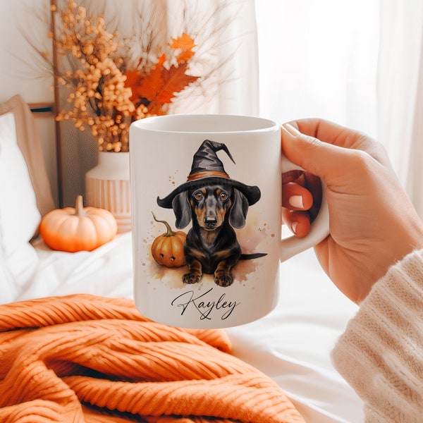 Personalised Dachshund Halloween Mug, Sausage Dog Mug, Halloween Mugs, Tea/Coffee Cup, Dog Halloween Mug, Witch Spooky Mug, Autumn Fall Mug