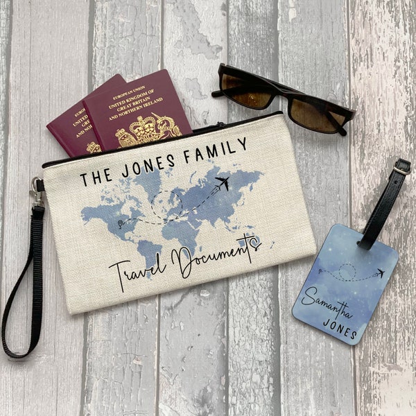 Personalised Passport Holder, Travel Documents Pouch, Family Holiday Documents Holder, Travel Accessory, Luggage Tag
