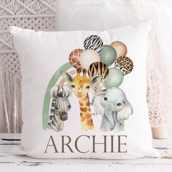 Cojín de selva Safari personalizado, decoración de dormitorio, decoración de guardería, regalo de dormitorio de niños, animales de acuarela, regalo de bebé, salvaje, guardería de Safari