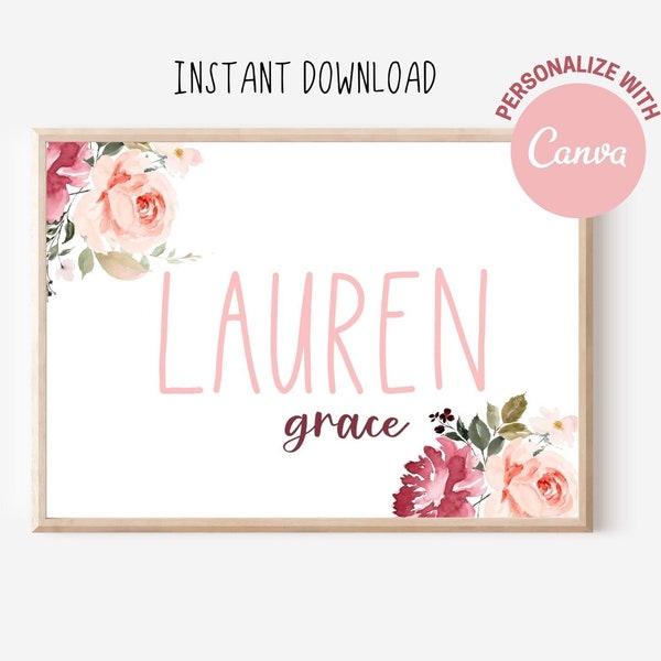 Floral Custom Nursery Name Template, INSTANT DOWNLOAD, Nursery Editable Template, Baby Name Wall Art, Digital Download, Canva, Printable