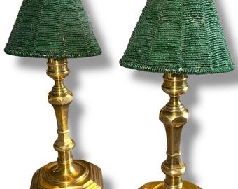 Vintage Candle Lamp Green Bead Shade Brass Candle Holder | Set of 2