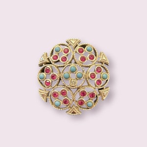 Vintage 1970&#39;s Sarah Coventry Gold Toned Ceylon Pink Rhinestone 2 Inch Brooch