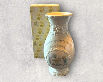 Vintage Precious Moments 1985 White Floral Vase w Scripture “We Gather Together”