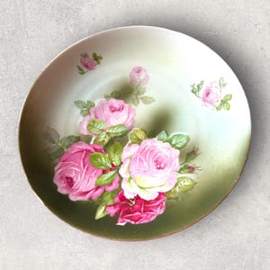 Hermoso plato de porcelana vintage con flores punk y hojas verdes