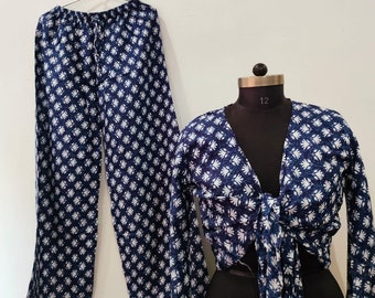 Wrap top with pant, bell sleeves top and trouser, Rayon cotton crop top and pant set  Wrap Blouse with Pajama for women