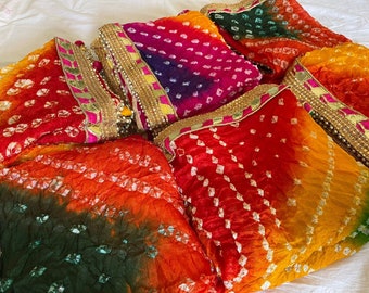 5 PCS SOLID COLOR Dupatta, Rajasthani Bandhej Dupatta tapara Silk Bandhani Bandhej Women Heavy Dupatta with Gota Work and latkan mix color