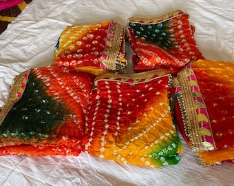 Lot Bandhej Dupatta, Rajasthani Silk Bandhani Scarf, Gota Work Wedding Wrap with Latkan.
