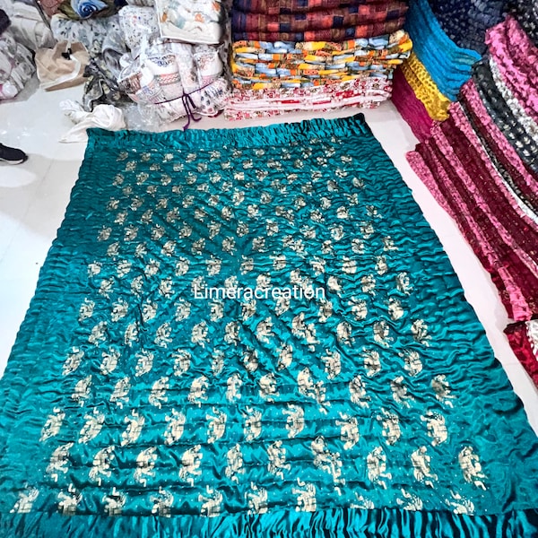 Handmade Silk Quilt / Indian Jaipuri Gold Print Razai /Filled With Cotton Kantha Blanket /Hand Stitched Kantha Duvet Double Bed Quilt/