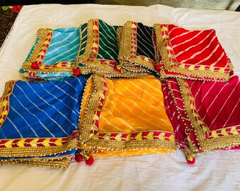 5 Piece Bandhej Dupatta Set, Rajasthani Bandhani Gota Work Wedding Scarves with Latkan