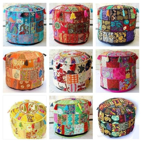 10 Piece lot Indian Handmade Pouf Ottoman Hand Embroidered Footstool  Boho Bohemian Decor Vintage Patchwork Seating Pouf Floor Pillow Cover