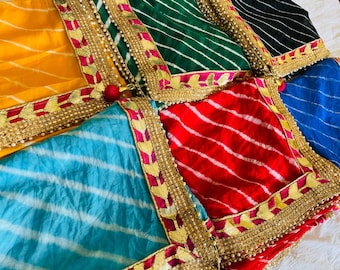 5 PCS SOLID COLOR Dupatta, Rajasthani Bandhej Dupatta tapara Silk Bandhani Bandhej Women Heavy Dupatta with Gota Work and latkan mix color