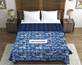 Indian Vintage Floral Patchwork Kantha Quilt, Boho Kantha Quilt Handmade Throw Reversible Blanket Bedspread Cotton Fabric Throw Blanket