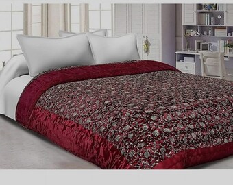 Handmade Silk Quilt Indian Jaipuri Gold Print Razai Filled With Cotton Kantha Blanket Hand Stitched Kantha Duvet Double Bed Quilt