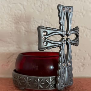 VOLTIVE CANDLE HOLDER Pewter Cross with Red Glass Container