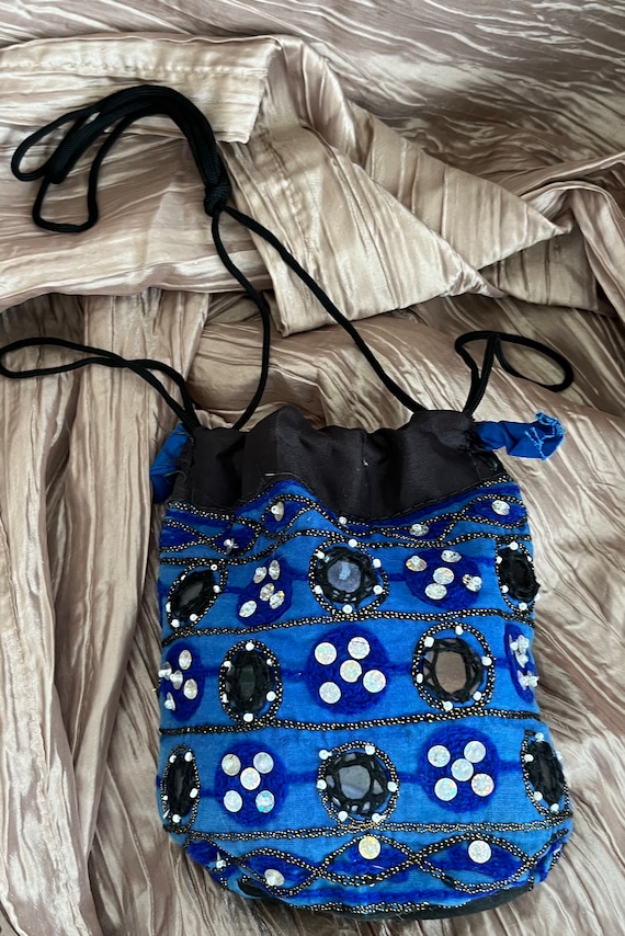 BLUE VINTAGE POUCH Bag Satin Beads Sequins Formal 