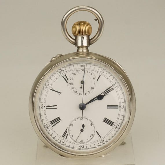 Working High-Grade CHRONOGRAPH Solid Silver Pocke… - image 1