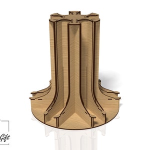 May include: A wooden display stand with a starburst design. The stand has multiple tiers for displaying items. The stand is made of light brown wood with a dark brown stain.