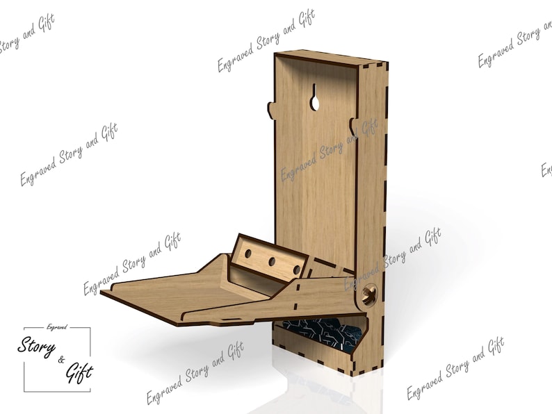 May include: A wooden dice tower with a hinged lid and a tray that flips out to catch the dice. The tower is made of light brown wood and has a small hole in the top for rolling the dice. The tray is also made of wood and has a dark blue felt lining.