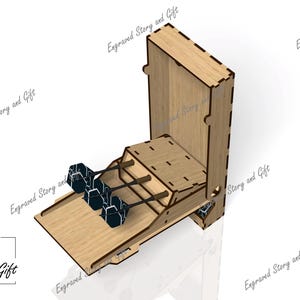 May include: Wooden dart holder with a sliding drawer and a compartment for storing darts. The holder is made of light brown wood and has a natural finish.