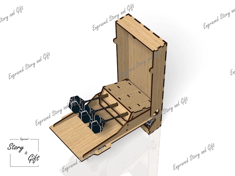 May include: Wooden dart holder with a sliding drawer and a compartment for storing darts. The holder is made of light brown wood and has a natural finish.