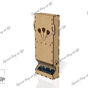 May include: A wooden dart holder with a slot for storing darts. The holder has a cutout design of three darts in the front. The holder is made of light brown wood and has a black plastic dart catcher at the bottom.